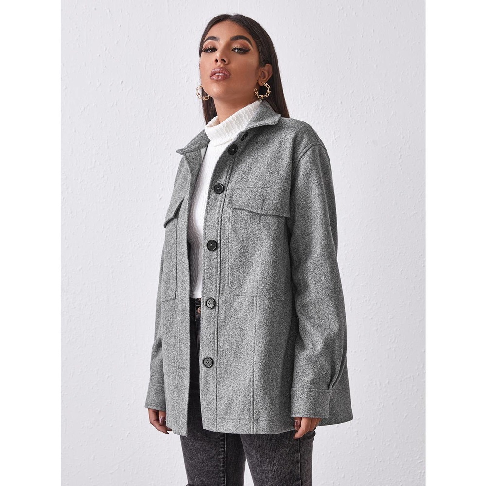 boyfriend shacket oversized Button Front Pocket Patched jacket gray - Picture 4 of 5